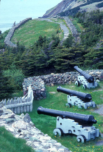 General view of Castle Hill showing the cannons which are part of the archaeological resources directly linked to 17th through 19th-century military life on the site. © Parks Canada Agency / Agence Parcs Canada, n.d.