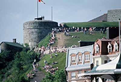 View of the Fortifications of Québec National Historic Site of Canada, showing part of the citadel on Cap Diamant, 1984. © Parks Canada Agency / Agence Parcs Canada, P. St. Jacques, 1984.