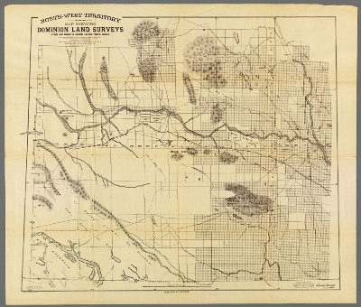 North-West Territory map shewing Dominion Land Surveys between west boundary of Manitoba and third principal meridian [cartographic material] : from a map compiled by E. Deville, Inspector in charge of current surveys. © Bibliothèque et Archives Canada / Library and Archives Canada / C-3697105