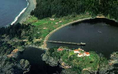Aerial view of the Yuquot village area. © Parks Canada/Parcs Canada, 1997