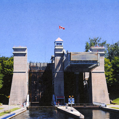 Vue (niveau inférieur) du lieu historique national du Canada de l'Écluse-Ascenseur-de-Peterborough, 2012. © Parks Canada Agency / Agence Parcs Canada.