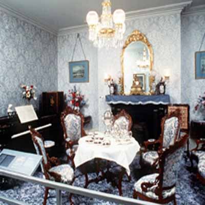 Interior view of the Sir George-Étienne Cartier National Historic Site of Canada, showing the surviving original interior decoration with its architectural woodwork and its distinction between private and public rooms, 1989. © Parks Canada Agency/Agence Parcs Canada, 1989.