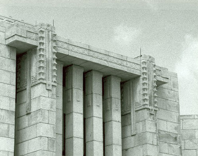 Detail of the Temple of the Church of Jesus Christ of Latter Day Saints, showing the use of Arts and Crafts decorative motifs, 1992. © Parks Canada Agency / Agence Parcs Canada, 1992.