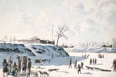 Watercolour showing a fort at the confluence of the Red and Assiniboine Rivers, the possible location of Fort Rouge, 1821. © Library and Archives Canada / Bibliothèque et Archives Canada, C-001932, 1821.