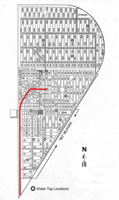 Site plan of Woodlawn Cemetery, Saskatoon. The paved roadway of Next-of-Kin Memorial Avenue is indicated in red. © Woodlawn Cemetary, City of Saskatoon, 2005.