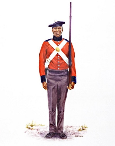 An illustration of a private, Colored Infantry Company, Upper Canada Incorporated Militia, 1843-1850 by G. Dittrick © Parks Canada © Parks Canada | Parcs Canada
