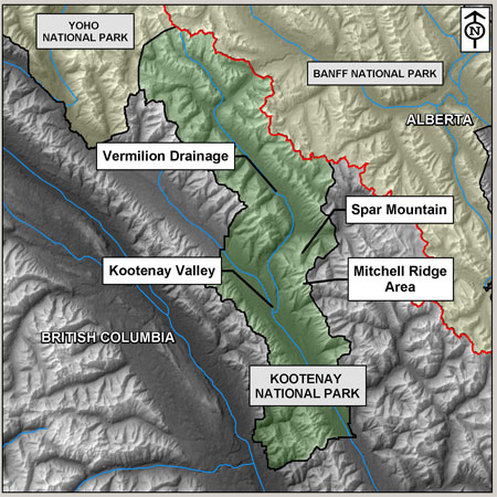  Blow up Kootenay section of the mountain parks map, indicating the Spar Mountain, the Mitchell Ridge area and the Kootenay Valley.