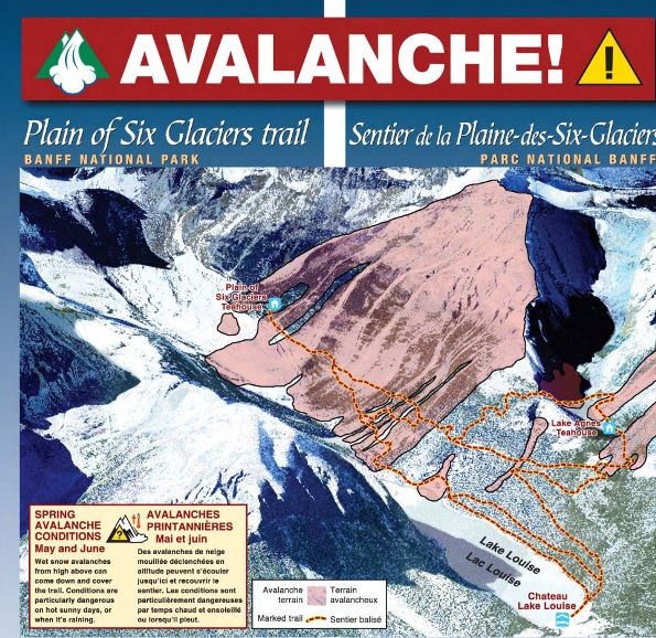 Aerial Relief Map of the Plain of Six Glaciers Trail, Banff National Park showing significant avalanche terrain. Spring Avalanche Conditions May and June. Wet snow alvalanches from high above can come down and cover the trail. Conditions are particularly dangerous on hot sunny days, or when it's raining.