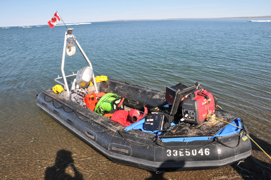 Zodiak outfitted with remotely-operated vehicle (ROV) ready for capturing video images of the wreck