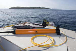 Remote-sensing towfish: Klein 3000 side-scan sonar and Marine Magnetics Seaspy magnetometer.