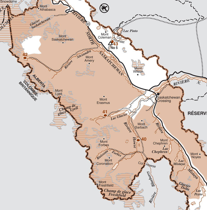 Carte de l'arrière-pays du parc national Banff avec zone de pâturage et camping