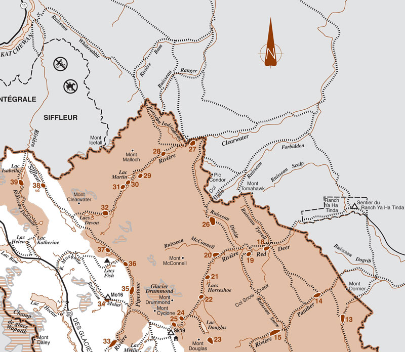 Carte de l'arrière-pays du parc national Banff avec zone de pâturage et camping
