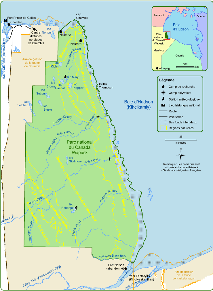 Une carte détaillée du Parc national Wapusk et de la région environnante. Les régions physiographiques y sont indiquées.