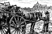 A drawing of Bernard Duchesne showing a worker afoot near the harnessed horse pulling a cart loaded with goods because he is leaving the Forges. 