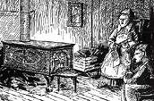 A drawing of Bernard Duchesne showing a woman and a man inside a canadian house sitting nearby a simple Iron woodstove.