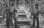 A drawing of Bernard Duchesne showing workers they are moulders of a great Montreal foundry, 19th. century, in front of moulds placed in wooden boxes and in background, we see two workers pouring liquid cast iron in one of those mould. 