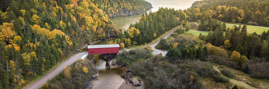 Aereal view of the Point Wolfe covered bridge