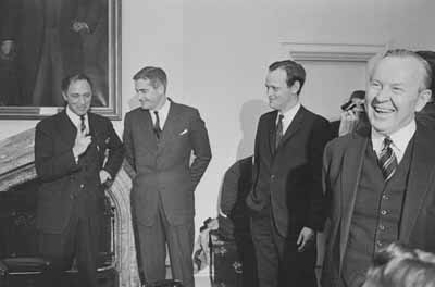 Pierre Elliott Trudeau, John Turner, Jean Chrétien and Prime Minister Lester B. Pearson following Cabinet changes. © Duncan Cameron / Bibliothèque et Archives Canada / PA-117107 | Duncan Cameron / Library and Archives Canada / PA-117107