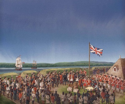 This interpretation of the signing in 1726 of the first peace and friendship treaty between the Mi'kmaq, the W¿last¿kokewiyik, the Pesk¿t¿mohkatewey and the British Crown was painted by Scott Plumbe, 2017. (© Parks Canada | Parcs Canada, 2017, Scott Plumbe)