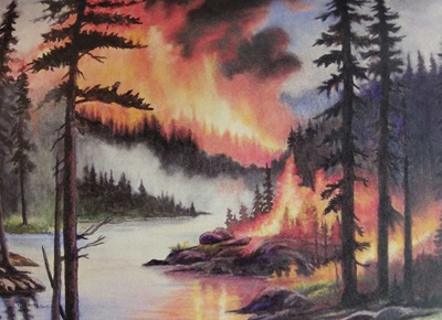 Flames Dancing at Water's Edge by Terry Matthews, is an artistic interpretation of the Miramichi Fire of 1825. The work was created to commemorate the 200th anniversary of the Miramichi Fire. © © Artist Terry Matthews, courtesy of the Miramichi Historical Society, Artiste Terry Matthews, gracieuseté de la Miramichi Historical Society