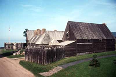 General view of the Port Royal Habitation showing the handmade, traditional method of construction throughout the entire structure and fittings and the spirit of historic veracity, 1990 © Parks Canada Agency/Agence Parcs Canada, B. Pratt, 1990.