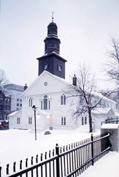 General view of St. Paul's Anglican Church, showing its classical detailing including the pediments and Palladian window, 1994. © Parks Canada Agency / Agence Parcs Canada, 1994.