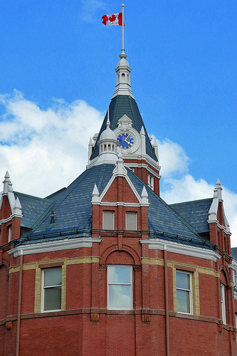 Detail view of Stratford City Hall, showing its features typical of late 19th-century town halls, including the prominent clock tower, 2010. © Stratford City Hall, Tom Flemming, 2010