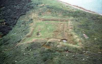View of Grassy Island Fort, showing the siting of the fort on the highest point of land on Grassy Island, 1989. © Parks Canada Agency / Agence Parcs Canada, 1989.