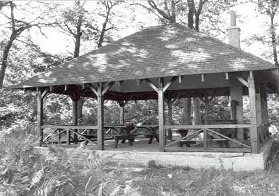 Vue générale de l'abri de pique-nique, qui montre le toit en croupe, les chevrons apparents, les poteaux de soutien en bois et les consoles en diagonale, 1992. © Parks Canada Agency / Agence Parcs Canada, 1992.