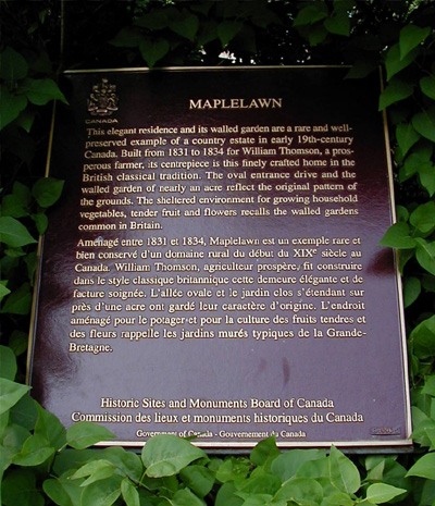 View of HSMBC plaque mounted just to the east of the driveway beside the garden. © Parks Canada / Parcs Canada, 2003