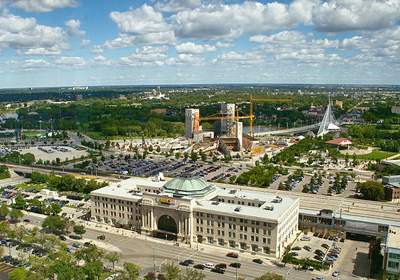 Aerial view of Union State / Winnipeg Railway Station, showing the spatial relationship between its main components, 2010. © Green Winnipeg, Trevor, September 2010.