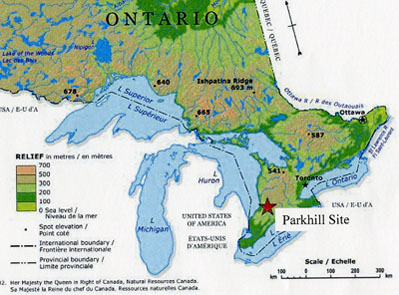 Location of Parkhill NHSC in Ontario (© Natural Resources Canada, 2002 / Ressources naturelles Canada, 2002)