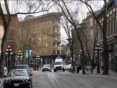 General view of Maple Leaf Square, within the Gastown Historic District National Historic Site of Canada, 2008. © Andrew Waldron, Parks Canada Agency / Agence Parcs Canada, 2008.