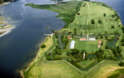 Aerial view of Fort Lennox showing its position as an island in the Richelieu River. © Parks Canada Agency / Agence Parcs Canada.