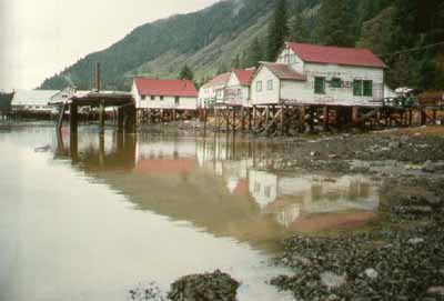 General view of the North Pacific Cannery, showing the wooden pilings that support the buildings over the water, 2002. © Parks Canada Agency / Agence Parcs Canada, 2002.