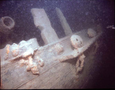 Underwater image of the Hamilton and Scourge showing the side of the hull, 1982. © National Geographic, 82-1874, 1982.