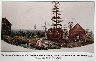 Watercolour by George Back representing corporal's house on the portage between Lake Simcoe and the Nottawasaga (Ontario) River, April 16, 1825. © Library and Archives Canada | Bibliothèque et Achives Canada, Acc. No. 1955-102-10