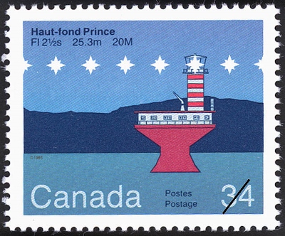 Philatelic record showing Haut-Fond-Prince Lighttower issued 3 October 1985. © Library and Archives Canada, Canada Post | Bibliothèque et Archives Canada, Postes Canada