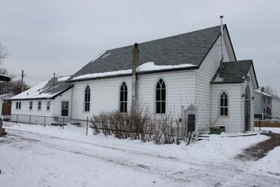 Vue en angle de l'église de la First Baptist Church d’Amherstburg © Parks Canada Agency | Agence Parcs Canada, J. Cousineau.