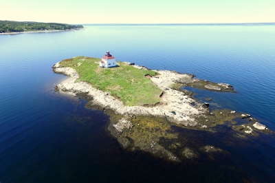 Aerial view of Queensport Lighthouse showing its location on Rook Island © Lost Shores Gallery, Robert Carter