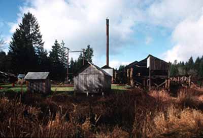 View of McLean Mill National Historic Site of Canada, showing the utilitarian design and materials of structures at the site, 1996. © Parks Canada Agency / Agence Parcs Canada, 1996.