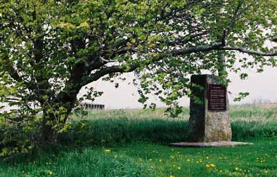 General view of the Fort Lawrence archaeological site, showing the Historic Sites and Monuments Board of Canada plaque, 2003. © Parks Canada Agency / Agence Parcs Canada, Philip Goldring, 2003.