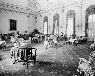 Historic phorograph showing the ballroom at Rideau Hall, in 1898, with Jacques & Hay furniture. © Library and Archives Canada | Bibliothèque et Archives Canada, Topley Studio, PA-009059