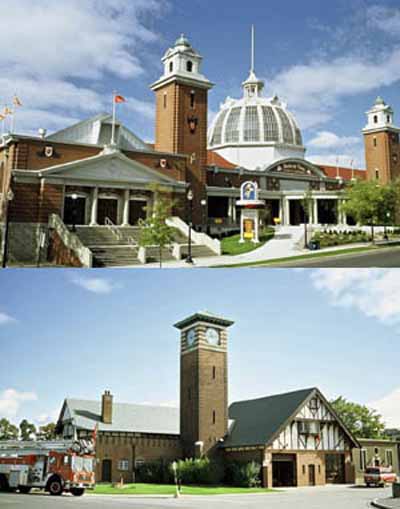 General view of the Government Building on the top (1994) and the Fire Hall/Police Station on the bottom(1996). © Agence Parcs Canada / Parks Canada Agency, B. Morin, 1994; Agence Parcs Canada / Parks Canada Agency, B. Morin, 1996;