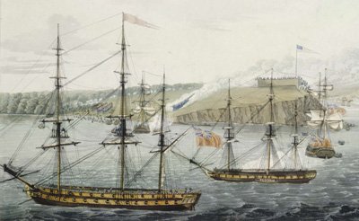 Prince Regent (left) and Princess Charlotte (right) depicted at the Battle of Oswego, 6 May 1814, by artist I. Hewett and engraver R. Havell. (© Library and Archives Canada | Bibliothèque et Archives Canada,  c000794k.)