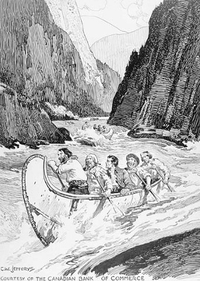 Dessin de Simon Fraser descendant le fleuve Fraser, 1808, par Charles William Jefferys (© Library and Archives Canada | Bibliothèque et Archives Canada, Acc. No. 1972-26-6)
