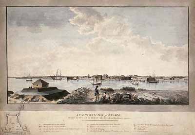 Aquarelle du fort Saint-Jean en 1779, qui montre un plan du fort au coin gauche inferieur de l'image. (© Library and Archives Canada / Bibliothèque et Archives Canada, C-001507, 1779.)