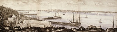 The Davie shipyard is on the left of this view with Quebec towering in the background. © Library and Archives Canada | Bibliothèque et Archives Canada, Acc. No. 1986-15-2