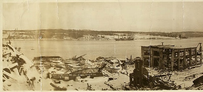 Historic photograph - view looking south showing damage caused by the Halifax Explosion, 6 December 1917 (1 of 3) © Library and Archives Canada | Bibliothèque et Archives Canada, C-019944,  C-019948, C-019953