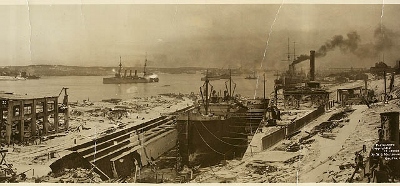 Historic photograph - view looking south showing damage caused by the Halifax Explosion, 6 December 1917 (2 of 3) © Library and Archives Canada | Bibliothèque et Archives Canada, C-019944,  C-019948, C-019953